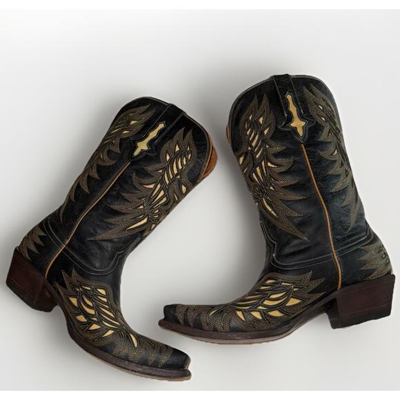 Womans Lucchese M3582 Black Crackle Lazer Design Bone Inlay Cowboy Boots 9.5 B - Picture 12 of 13